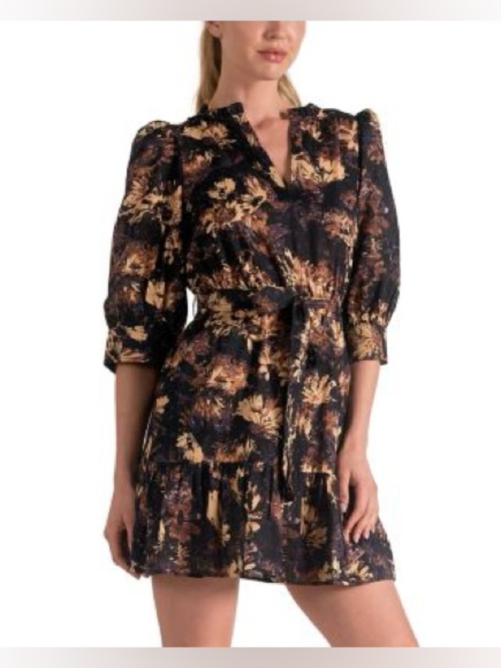 NWT Elan Black and Brown Floral Dress 3/4 Sleeve with button Size Small Cotton